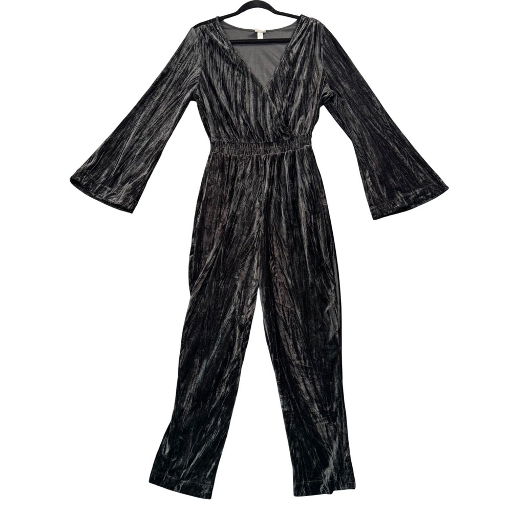 Womens‎ Black Crushed Velvet Bell Sleeve Jumpsuit Y2K Mod Retro Size M